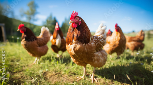 Free-range chickens pecking around a grassy area, Photo shot, Natural light day. © Nittaya