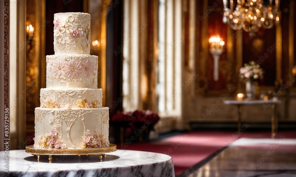 a gorgeous white beautiful birthday cake, 4 tiers, on the table. a gorgeous white beautiful birthday cake, 4 tiers, on the table.