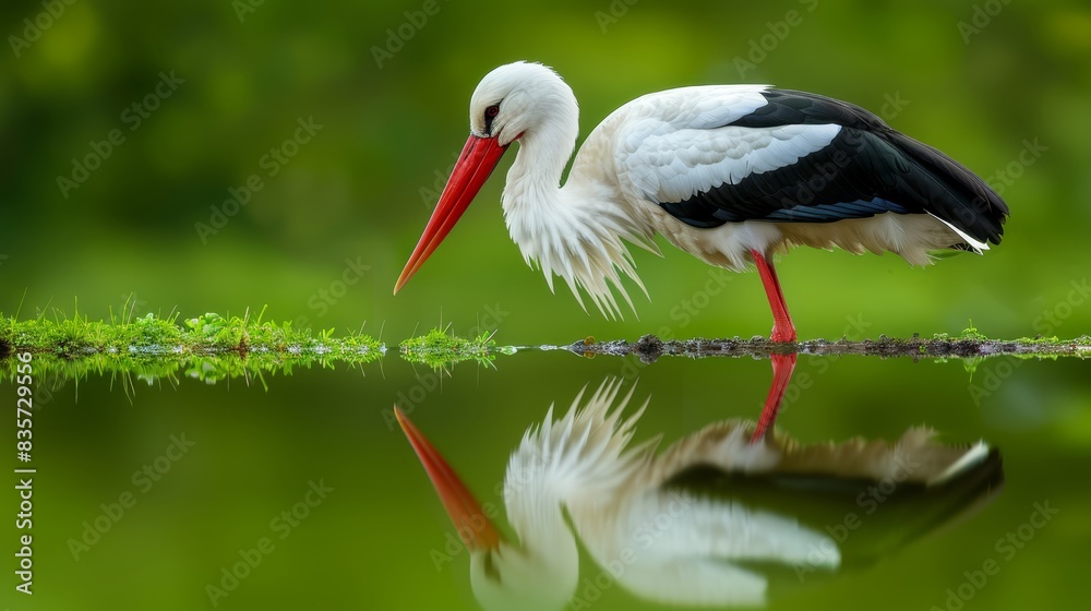 A white-black bird with a lengthy red beak stands on a branch overhanging a body of water The foreground features grass and plants, while the backdrop consists of l A white-black bird with a lengthy red beak stands on a branch overhanging a body of water The foreground features grass and plants, while the backdrop consists of l