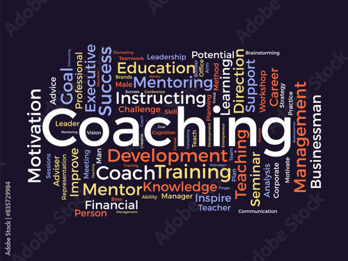 Coaching word cloud template. Support concept vector tagcloud background.