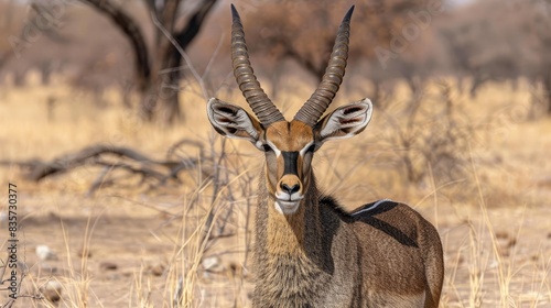  A antelope stands in a dry grass field; behind it are dead trees and bushes