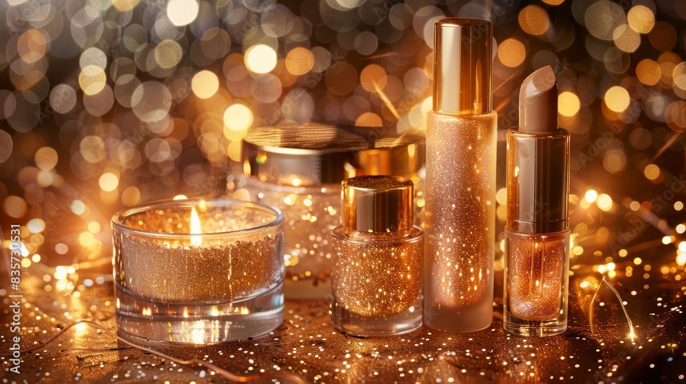 Cosmetic products with a golden sheen arranged to reflect sunset lighting Cosmetic products with a golden sheen arranged to reflect sunset lighting