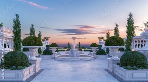 A luxurious white mansion's garden at twilight, featuring symmetrically arranged topiary and a marble fountain, all under a sky transitioning from blue to pink.