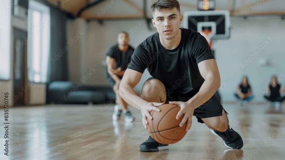 Naklejka premium A man atop a hardwood floor, holding a basketball, addresses a seated audience on a basketball court The sphere rests before him