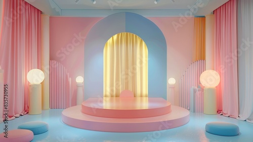 Blank podium with a pastel color palette and playful, whimsical decor © Seksan