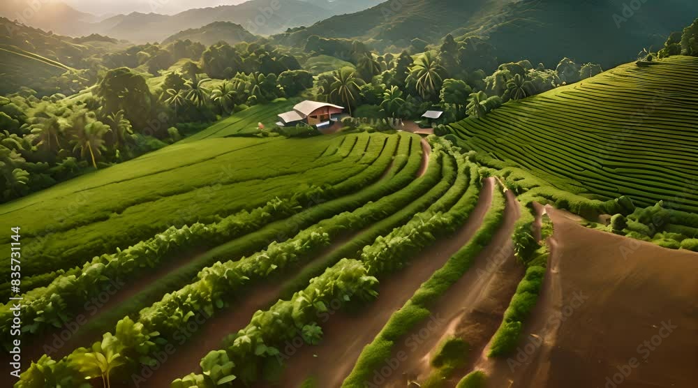 A Serene Aerial View of a Thriving Coffee Plantation in Full Bloom A Serene Aerial View of a Thriving Coffee Plantation in Full Bloom