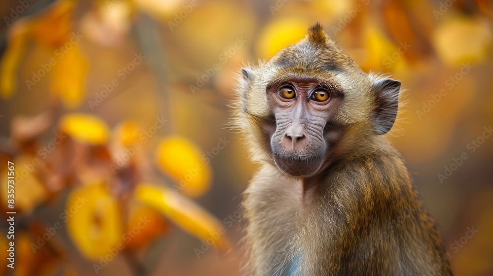 A monkey with oranges on its head is closely depicted, surrounded by a tree Background includes indistinct leaves, branches, and yellow flowers A monkey with oranges on its head is closely depicted, surrounded by a tree Background includes indistinct leaves, branches, and yellow flowers