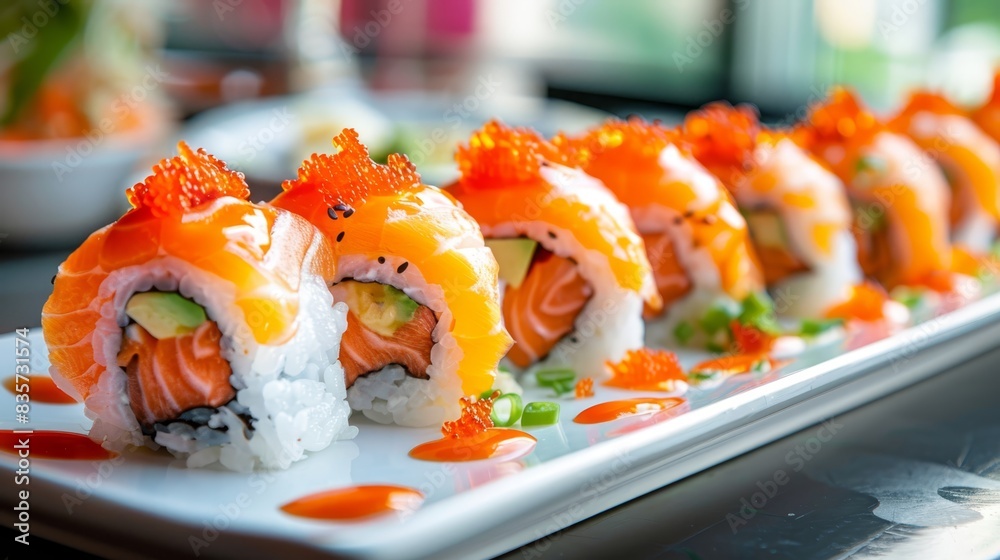 sauce on one side, garnishes atop sushi sauce on one side, garnishes atop sushi