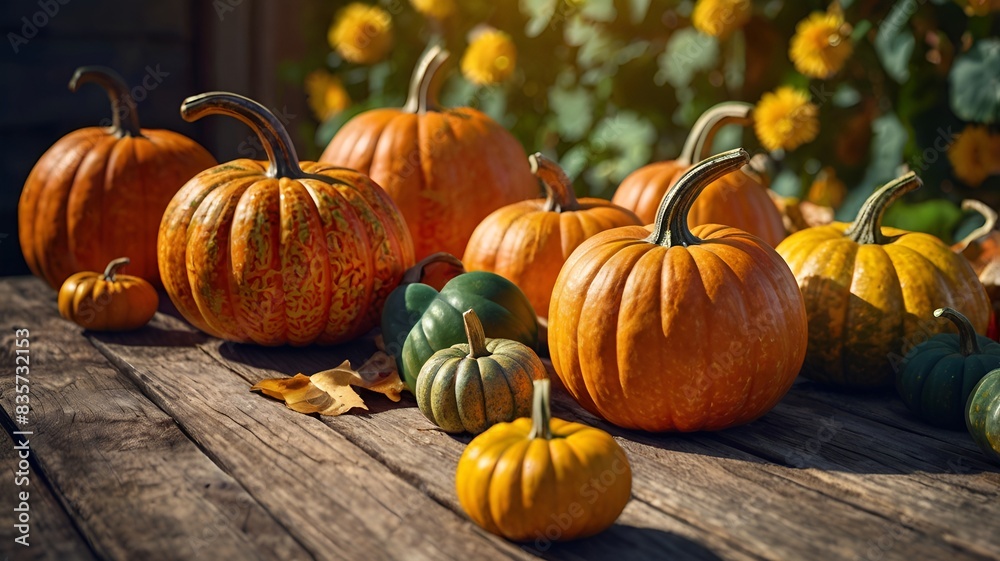 Granater Ai Pumpkins and sunflowers on rustic wooden table, autumn harvest display. Granater Ai Pumpkins and sunflowers on rustic wooden table, autumn harvest display.