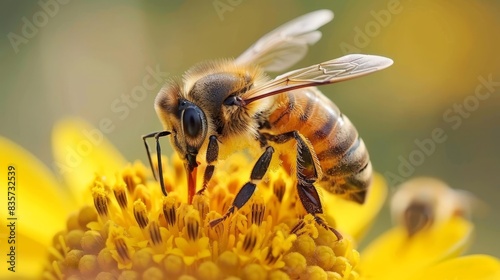  A bee in focus, nestled on a vibrant yellow flower Background softly blurred