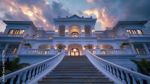 Elevated view of a white mansiona??s grand staircase leading up to the entrance, captured at twilight with soft sky lighting.