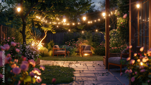 design beautiful cozy backyard with hanging lamps and summer outdoor furniture. Patio under the trees with light bulbs in garden in natural style with blooming bush roses in the evening