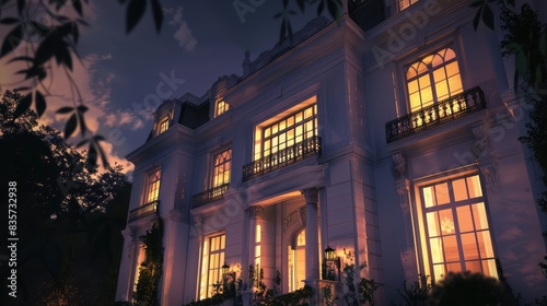 Night view of a white mansion with glowing windows and sharp architectural lines against the twilight backdrop.