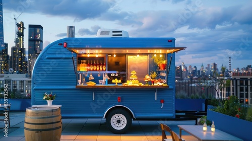 Ocean blue food truck with a modern and minimalistic design, serving gourmet wedding appetizers and drinks at an urban venue