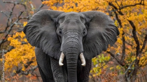  An elephant, with tusks, stands before two trees - both adorned with yellow leaves