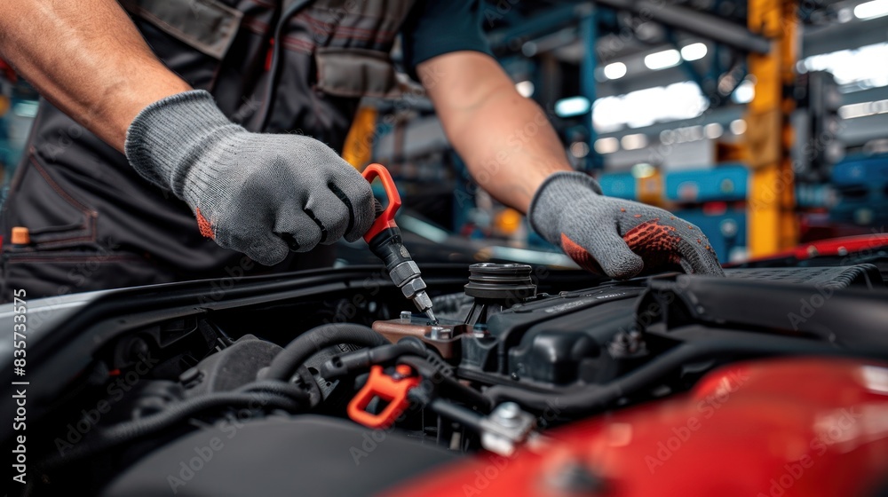 Professional car mechanic using a wrench to work on the engine of the car in the garage for car auto repair service and maintenance check concept for the vehicle before leaving. Car maintenance Professional car mechanic using a wrench to work on the engine of the car in the garage for car auto repair service and maintenance check concept for the vehicle before leaving. Car maintenance