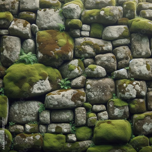 Generative Ai Mossy Stone Wall Natural stone wall with irregular shapes, textures, and patches of moss, ideal for garden walls, ancient ruins, or fantasy environments.