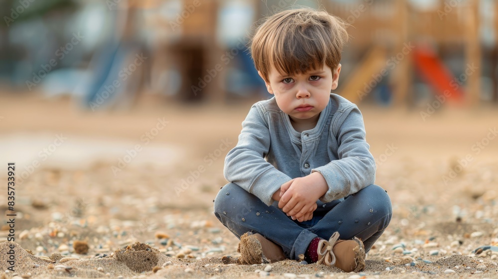 A sad little boy sits on the ground, hands on knees, gazing into the camera over a playground backdrop A sad little boy sits on the ground, hands on knees, gazing into the camera over a playground backdrop
