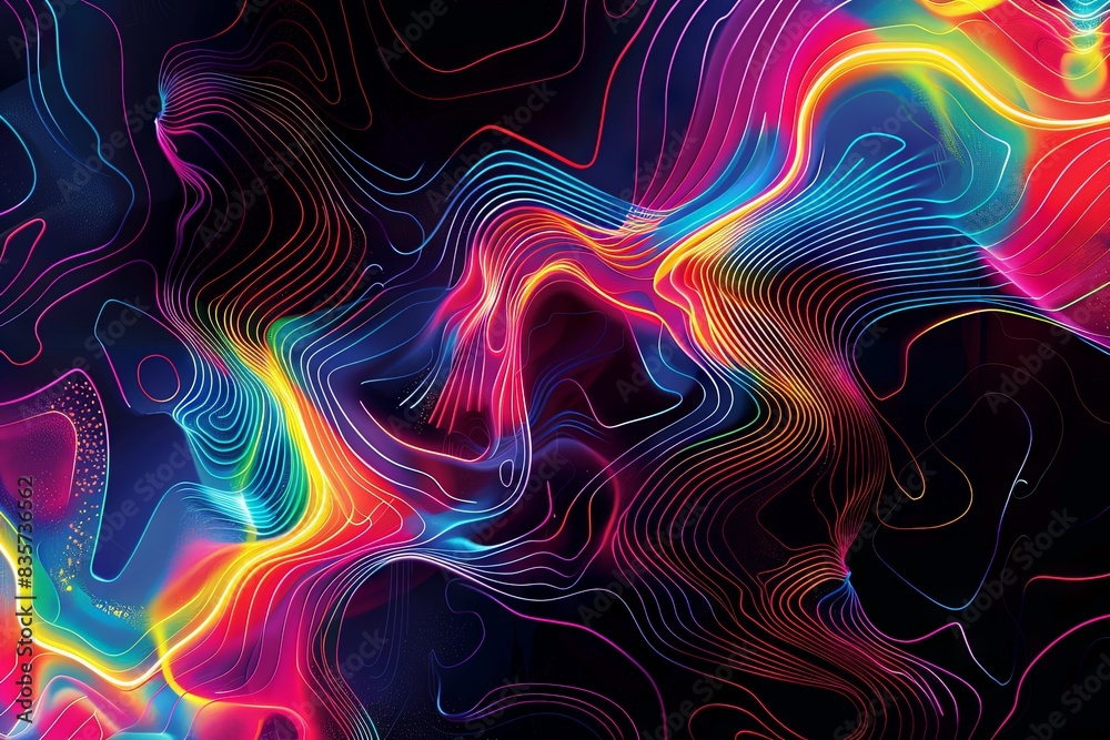 An eye-catching neon pattern with swirling lines and abstract shapes, illuminated in a spectrum of vivid colors. The design pops against a black backdrop, making the neon elements stand out with An eye-catching neon pattern with swirling lines and abstract shapes, illuminated in a spectrum of vivid colors. The design pops against a black backdrop, making the neon elements stand out with