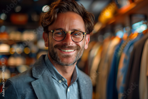 A friendly male sales consultant, wearing a blue blazer, smiles at the camera while working in a clothing store