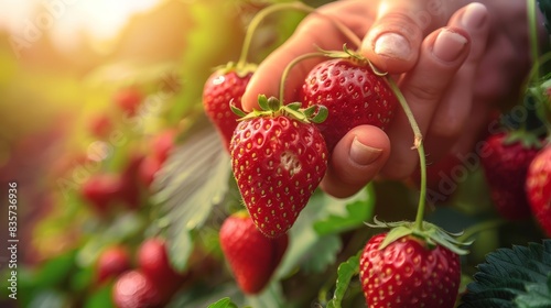  A tight shot of an individual  hands full of strawberries  against a backdrop of a green plant with sun illuminating its upper foliage