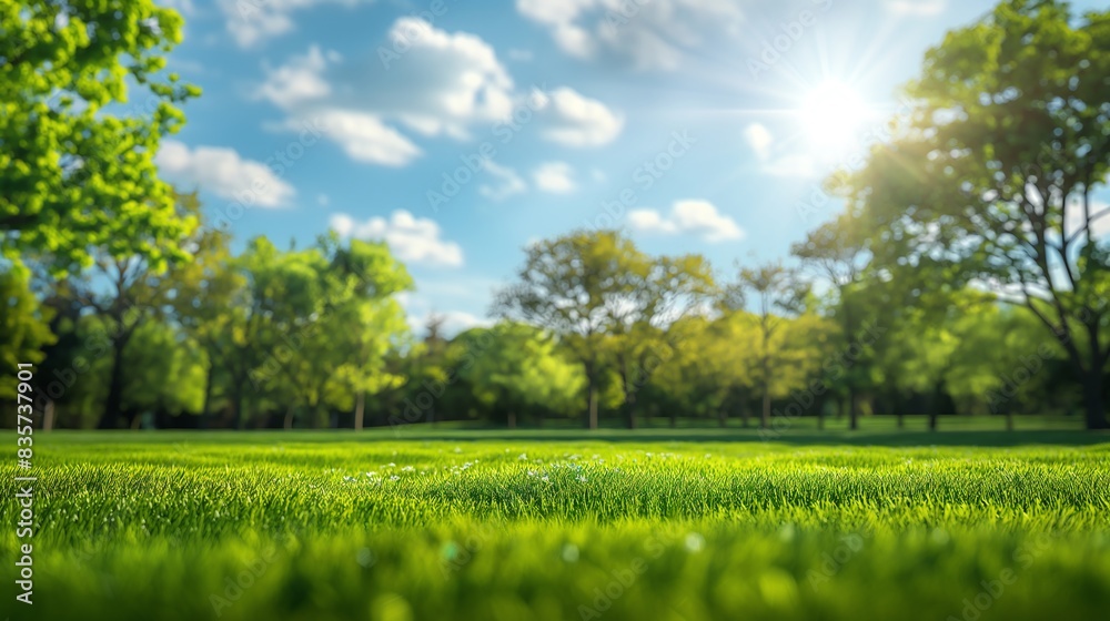 Fototapeta premium Beautiful blurred background of spring nature with green grass meadow, trees and a blue sky. Panoramic bokeh background. A soft focused field that could be used for design, advertising or banners.