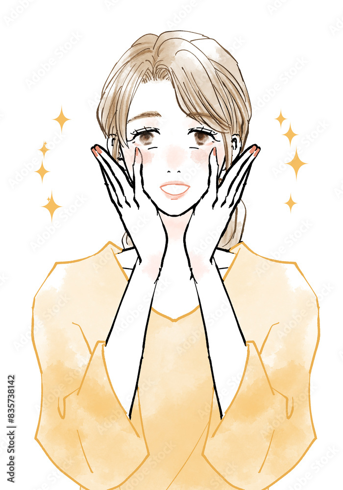 顔に手を当てて喜ぶミドル女性