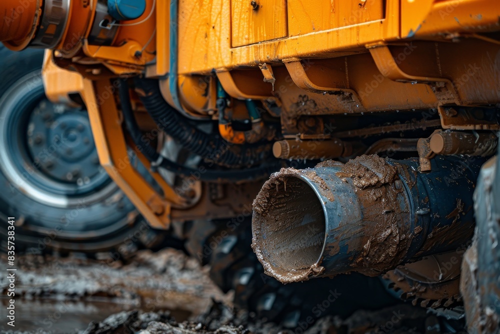 Macro shot of the engine and exhaust pipes of a construction vehicle Macro shot of the engine and exhaust pipes of a construction vehicle
