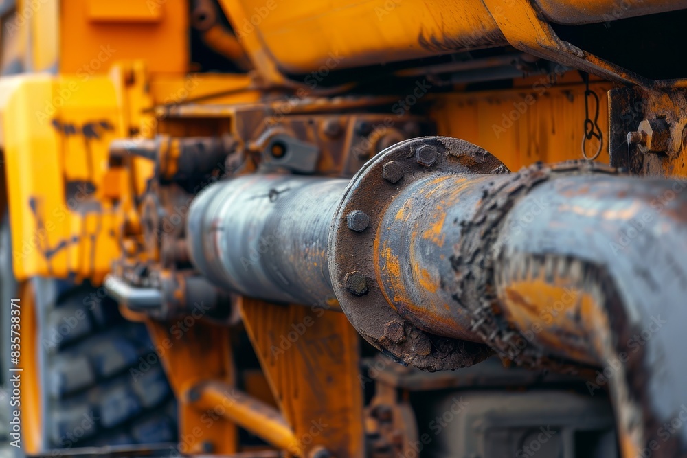 Macro shot of the engine and exhaust pipes of a construction vehicle