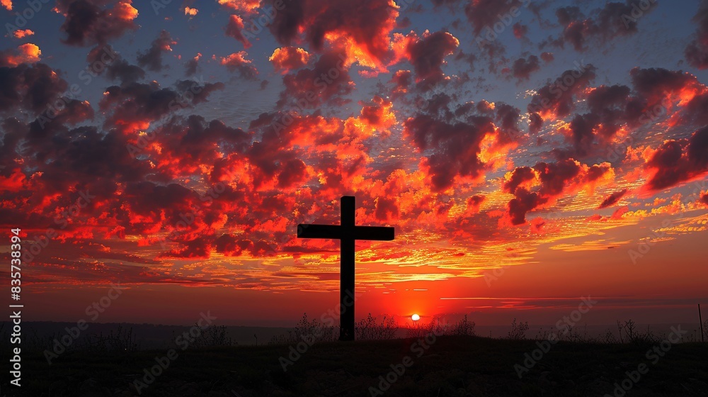 A cross silhouetted against a vibrant sunset, representing sacrifice and redemption A cross silhouetted against a vibrant sunset, representing sacrifice and redemption
