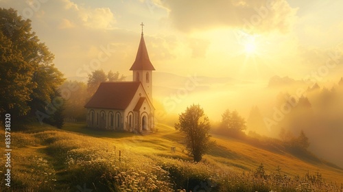 A serene sunrise over a countryside church, symbolizing new beginnings and hope