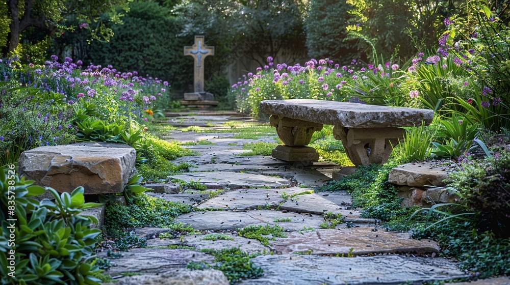 A serene garden with a stone bench and a cross, symbolizing peace and meditation A serene garden with a stone bench and a cross, symbolizing peace and meditation