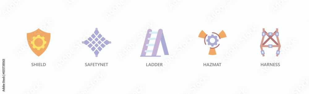 Protection Banner Web Icon Vector Illustration Concept With Shield, Safety Net, Ladder, Hazmat, Harness