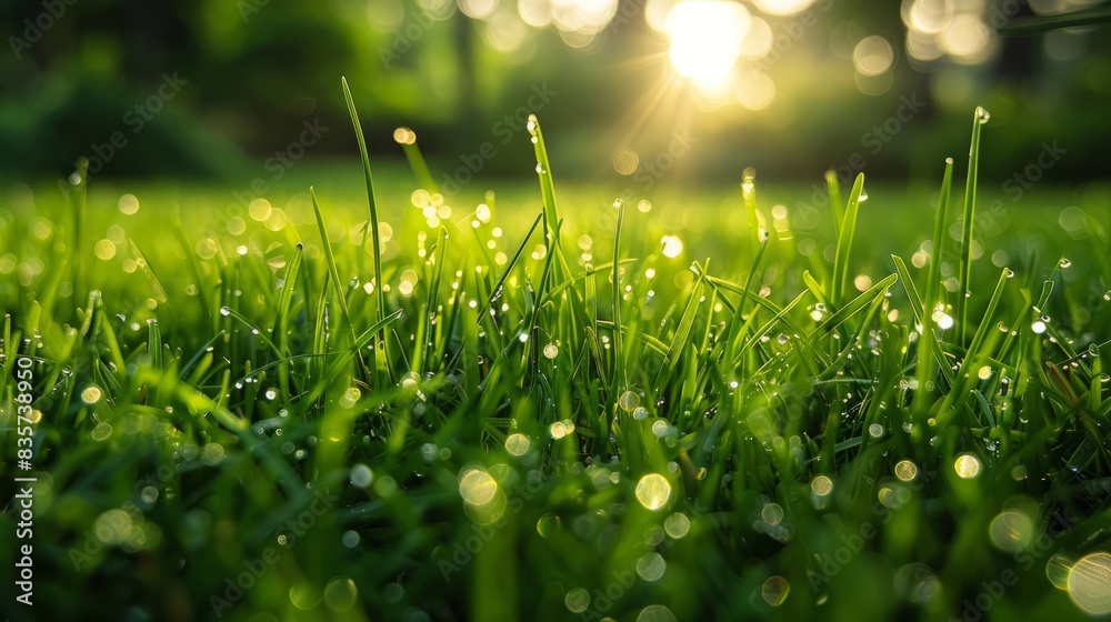 Fototapeta premium Morning serenity: Dew-laden grass glistens, a verdant carpet beckoning nature lovers