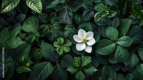 Green plants and leaves surrounding a white bloom