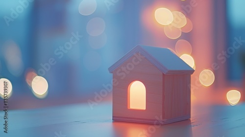  A small wooden house sits in front of a blurred backdrop of holiday lights (Replaced boke boke with blurred to clarify the meaning and photo