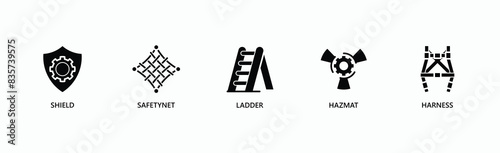 Protection Banner Web Icon Vector Illustration Concept With Shield, Safety Net, Ladder, Hazmat, Harness