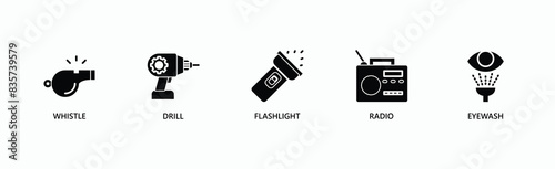 Essentials Banner Web Icon Vector Illustration Concept With Whistle, Drill, Flashlight, Radio, Eyewash