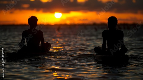  A few people atop a surfboard in a body of water  sun setting behind the horizons
