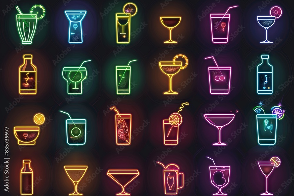 neon cocktail drink icons, solid dark black background neon cocktail drink icons, solid dark black background