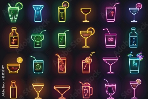 neon cocktail drink icons, solid dark black background