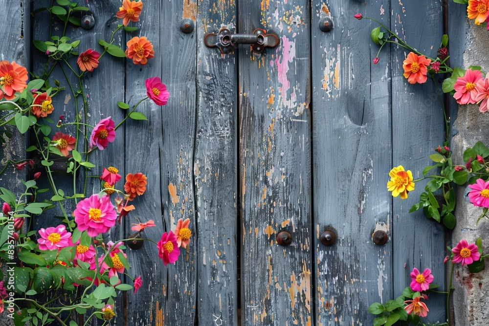 Red and yellow flowers on wooden fence with door Red and yellow flowers on wooden fence with door