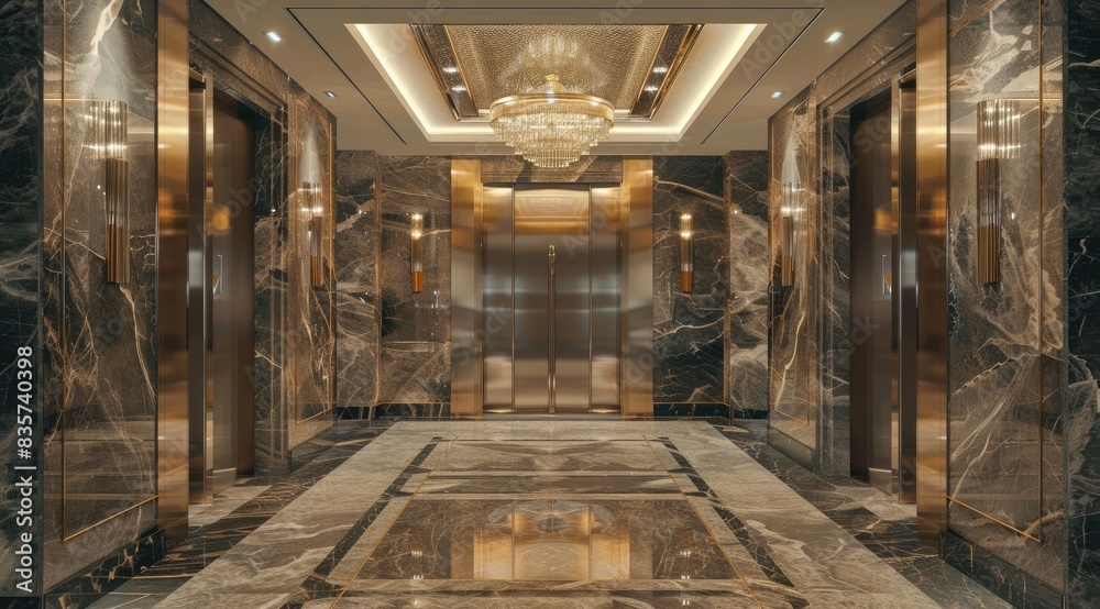 An opulent elevator lobby with polished marble walls and floors, gold accents, and a grand chandelier