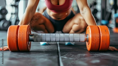  A woman squats with orange dumbbells beside her, a barbell on the gym floor ahead photo