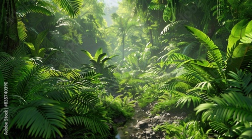 Dense tropical greenery with sun rays piercing through the foliage  creating a mystical ambiance