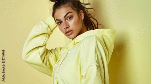 Female fitness model in a pastel yellow hoodie posing athletically, isolated on a pastel yellow background photo