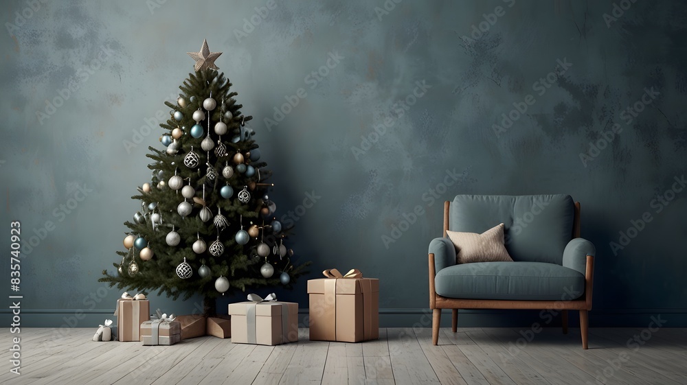 Beautiful Christmas tree with presents near chairs and dusty blue wall. Monochrome empty living room mockup wall scene promotional background. Beautiful Christmas tree with presents near chairs and dusty blue wall. Monochrome empty living room mockup wall scene promotional background.