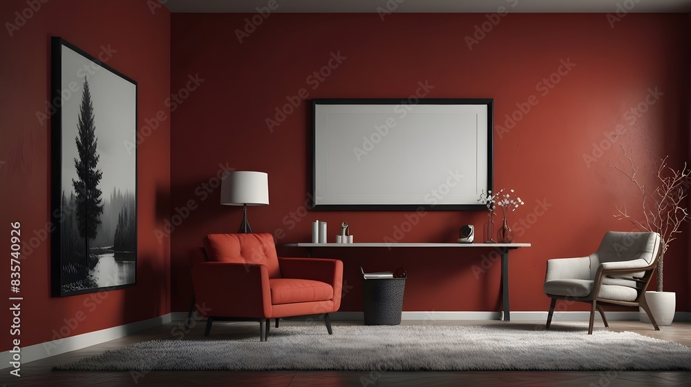 Mockup picture frames near chairs and walls Monochrome empty living room mockup wall scene promotional background. Mockup picture frames near chairs and walls Monochrome empty living room mockup wall scene promotional background.