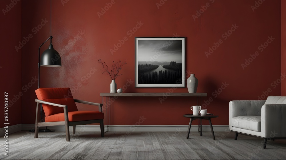 Mockup picture frames near chairs and walls Monochrome empty living room mockup wall scene promotional background. Mockup picture frames near chairs and walls Monochrome empty living room mockup wall scene promotional background.