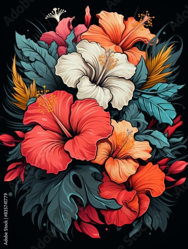 Elegant Tropical Floral Design on Black T-Shirt